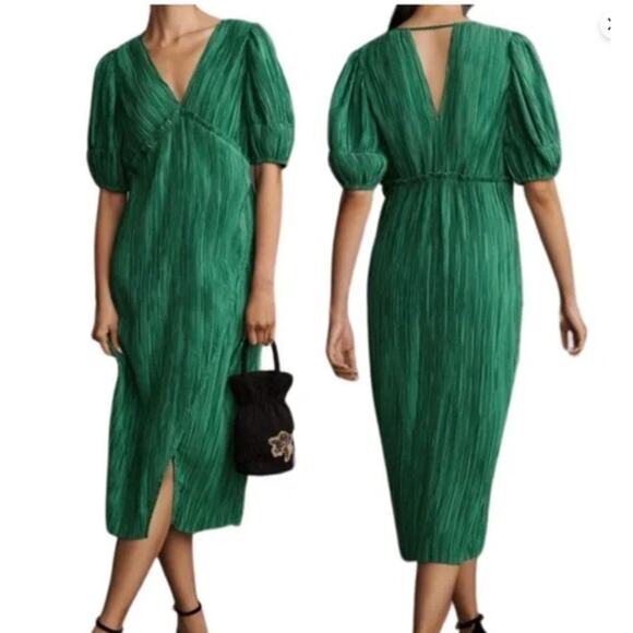 Anthropologie Women's Green V-Neck Pleated Midi Dress Sz L - Picture 9 of 10